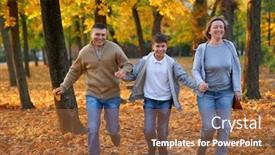  Presentation with children running - Presentation featuring happy family having holiday in autumn city park children and parents running smiling playing and having fun bright yellow trees and leaves background and a coral colored foreground