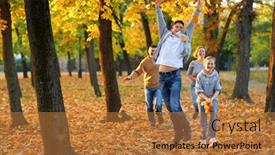  Presentation with children running - Audience pleasing slide set consisting of happy family having holiday in autumn city park children and parents running smiling playing and having fun bright yellow trees and leaves backdrop and a coral colored foreground