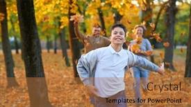  Presentation with children running - Amazing slide set having happy family having holiday in autumn city park children and parents running smiling playing and having fun bright yellow trees and leaves backdrop and a red colored foreground