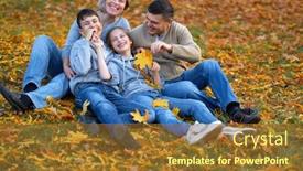  Presentation with children parents - Presentation consisting of happy family having holiday in autumn city park children and parents posing smiling playing and having fun bright yellow trees and leaves background and a tawny brown colored foreground