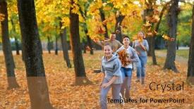  Presentation with children running - Amazing presentation theme having happy family having holiday in autumn city park children and parents running smiling playing and having fun bright yellow trees and leaves backdrop and a coral colored foreground