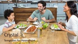  Presentation with family struggles - Presentation design with happy family having lunch together background and a coral colored foreground