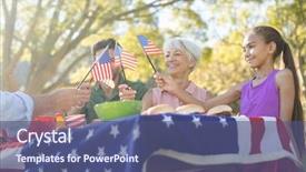  Presentation with family - Colorful theme enhanced with happy family holding american flags backdrop and a ocean colored foreground