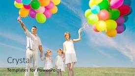  Presentation with mom - Slide set consisting of happy family holding colorful balloons mom dad and two daughters playing on a green meadow background and a light blue colored foreground