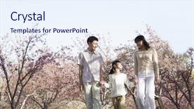  Presentation with springtime - PPT theme with happy family holding hands and taking a walk in springtime background and a sky blue colored foreground