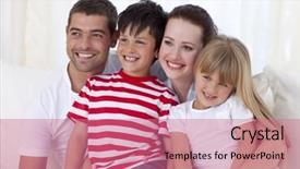  Presentation with living room family - PPT layouts featuring happy family in living-room sitting on sofa together background and a coral colored foreground