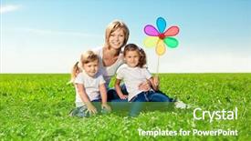  Presentation with family day - Slides featuring happy family in outdoor park at sunny day mom and two daughters in the green garden group of people on green grass background and a tawny brown colored foreground