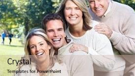  Presentation with displaying a happy mother cudd - PPT layouts consisting of happy family in park father background and a coral colored foreground