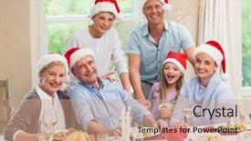  Presentation with living room family - Presentation theme enhanced with happy family in santa hat looking at camera at home in the living room background and a coral colored foreground