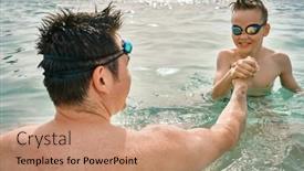  Presentation with swim - Presentation design enhanced with happy-family-in-swimming-goggles background and a  colored foreground