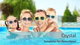  Presentation with water park - Cool new theme with happy family in swimming pool backdrop and a cyan colored foreground