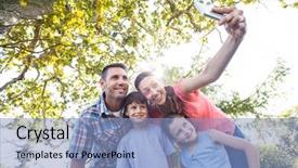  Presentation with family day - Slide set with happy family in the park taking selfie on a sunny day background and a light blue colored foreground