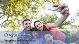  Presentation with family day - Audience pleasing theme consisting of happy family in the park taking selfie on a sunny day backdrop and a teal colored foreground