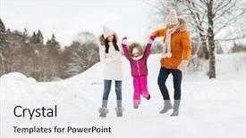  Presentation with winter family - Beautiful presentation theme featuring happy family in winter clothes walking outdoors backdrop and a sky blue colored foreground