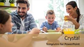  Presentation with breakfast - Colorful PPT theme enhanced with happy family interacting while having backdrop and a coral colored foreground