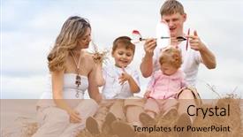  Presentation with toy model - Slide deck enhanced with happy family launching toy aircraft model sitting on haystack together background and a coral colored foreground
