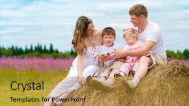  Presentation with toy model - Theme consisting of happy family launching toy aircraft model sitting on haystack together background and a gold colored foreground