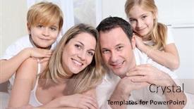  Presentation with bed - Slide set consisting of happy family laying on bed background and a coral colored foreground