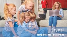  Presentation with family cartoons - Cool new PPT theme with happy-family-life-at-home backdrop and a teal colored foreground