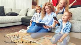  Presentation with happy life - Slide deck featuring happy-family-life-at-home background and a coral colored foreground