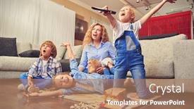  Presentation with living life - Slide deck consisting of happy-family-life-at-home background and a coral colored foreground