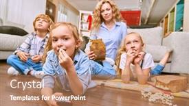  Presentation with living life - Beautiful PPT theme featuring happy-family-life-at-home backdrop and a coral colored foreground