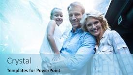  Presentation with fish aquarium - Slide set having happy family looking at camera behind a fish tank at the aquarium background and a light blue colored foreground