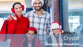  Presentation with family shopping - Presentation design consisting of happy family looking at camera in shopping mall background and a teal colored foreground