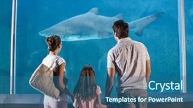  Presentation with shark - Cool new PPT layouts with happy family looking at shark at the aquarium backdrop and a ocean colored foreground