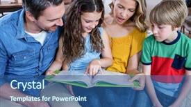  Presentation with photo album - Amazing slide set having happy family looking at a photo album at home backdrop and a ocean colored foreground