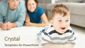  Presentation with living room family - Slides consisting of happy family lying on floor in living room selective focus on little boy background and a cream colored foreground