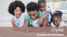  Presentation with living room family - Slide set with happy family lying on the floor at home in the living room background and a coral colored foreground