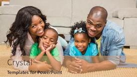  Presentation with living room family - Beautiful PPT theme featuring happy family lying on the floor at home in the living room backdrop and a coral colored foreground
