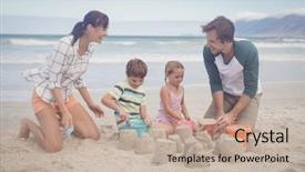  Presentation with footprints and sand beach - Audience pleasing presentation design consisting of happy family making sand castle backdrop and a mint green colored foreground