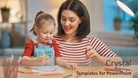  Presentation with woman child - Cool new PPT theme with happy-family-mother-and-daughter backdrop and a coral colored foreground