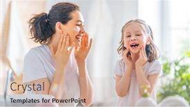  Presentation with caring - Amazing PPT theme having happy-family-mother-and-daughter backdrop and a soft green colored foreground