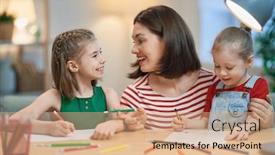  Presentation with displaying a happy mother cudd - Theme featuring happy-family-mother-and-daughters background and a coral colored foreground