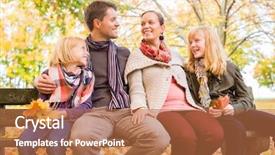  Presentation with fall leaves - Cool new theme with happy family mother father and daughters or children sitting outdoor on bench with colorful leaves and under the trees in autumn or fall backdrop and a coral colored foreground