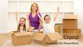  Presentation with new home - Amazing theme having happy family moving into a new home - with cardboard boxes in an empty room backdrop and a coral colored foreground