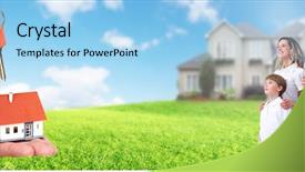 Presentation with house key - Slide deck featuring happy family near new house background and a light blue colored foreground