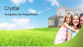  Presentation with dream - Presentation theme enhanced with happy family near new house background and a light blue colored foreground