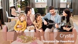 Presentation with family talking - Presentation consisting of happy-family-of-five-sitting background and a coral colored foreground