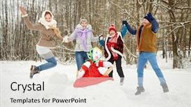  Presentation with family holding hands - Colorful slide deck enhanced with happy family of four jumps backdrop and a white colored foreground