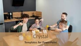  Presentation with breakfast sandwich - PPT theme consisting of happy-family-of-four-sitting background and a coral colored foreground