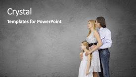  Presentation with displaying a happy mother cudd - Amazing theme having happy family of mother father and daughter against cement wall backdrop and a gray colored foreground