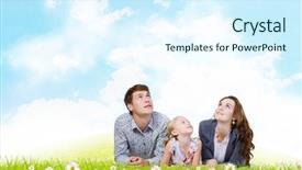  Presentation with green - PPT layouts featuring happy family of three lying background and a  colored foreground