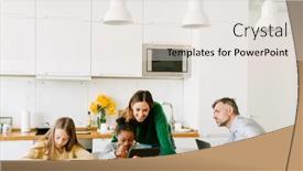  Presentation with working mother - Presentation theme consisting of happy-family-on-cozy-kitchen background and a sky blue colored foreground