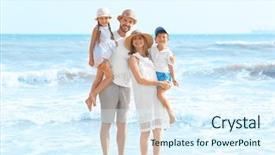  Presentation with sea and beach - PPT theme featuring happy family on sea beach background and a sky blue colored foreground