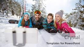  Presentation with skiing - Audience pleasing theme consisting of happy family on skiing taking selfie while lying on snow backdrop and a light gray colored foreground