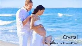  Presentation with pregnant mother - PPT theme enhanced with happy family on the beach posing relaxed with pregnant mother woman background and a light blue colored foreground